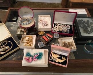 Pearls from Hawaii and Japan, Sterling, gold necklaces and bracelets, costume jewelry. pins brooches