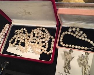Pearls from Hawaii and Japan, Sterling, gold necklaces and bracelets, costume jewelry. pins brooches