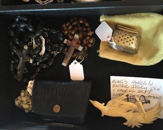 Pearls from Hawaii and Japan, Sterling, gold necklaces and bracelets, costume jewelry. pins brooches, Rosaries and Crucifixes