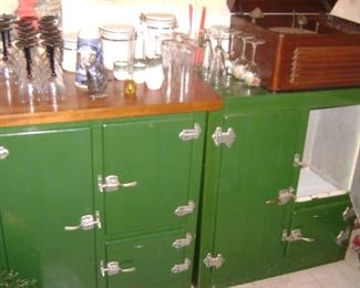 1930'S? VINTAGE METAL ICE BOXES---ONE TOP IS A FINISHED METAL--THE OTHER IS AN UNFINISHED PINE SO I THINK ONE ICE BOX WENT ON TOP OF THE OTHER--GALVANIZED TIN INSIDE ICE BOXES