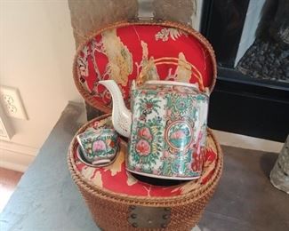 Antique Asian picnic or lunchtime tea basket complete with 2 cups and teapot with lid