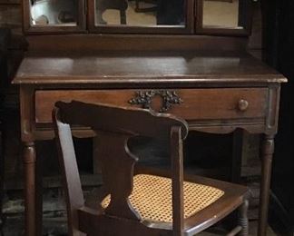 Antique vanity and vanity chair with cane seat and splat back