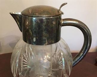 Silver plate and etched crystal pitcher