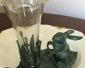 Vintage bronze rabbit bud vase