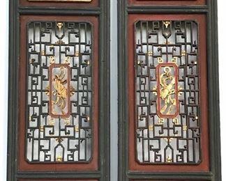 Antique Asian deep relief wood carving, temple doors
