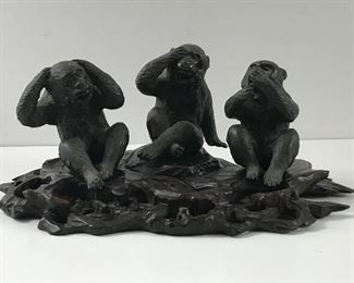 Cast Iron hear no evil, see no evil, speak no evil figurines and stand