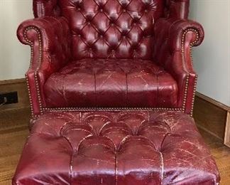Queen Anne tufted leather wing chair and ottoman
