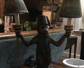 Bronze bell-hop monkey double candlestick lamp