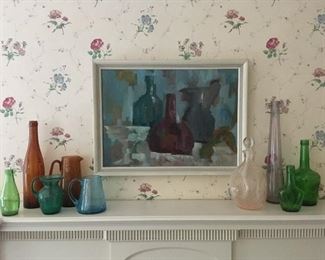 Vintage Oil Painting & Bottles.