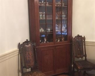 Antique Spanish Leather Painted Chairs & Antique Corner China Cabinet.