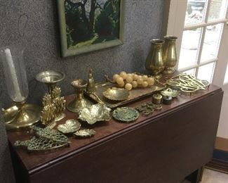 Antique Drop Leaf Table , Assorted Brass.Oil Painting.