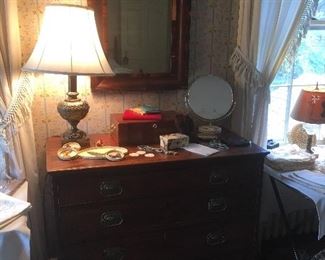 Antique Dresser, Mirror & Lamp.