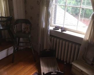 Antique Doll Bed & Child's High Chair.