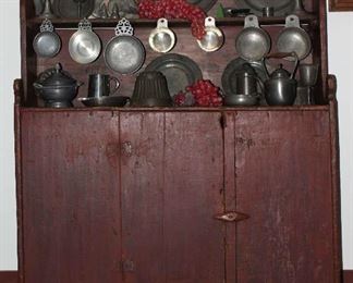 Primitive Americana Farm House open Cupboard over a single door cabinet. Early 19th Century (55” back Height x 45”W x 16.5”D) Open Cupboard Displays a Collection of Early Antique and Vintage Pewter