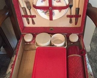 Sweet vintage picnic set by Brexton (England) with real china plates & mugs. Received as a wedding gift in 1961.