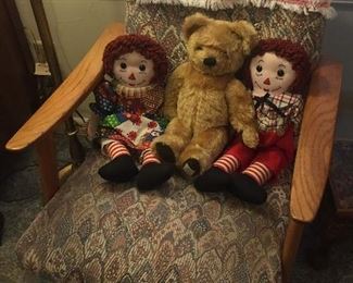 Mid century lounge chair with vintage Chad Valley jointed mohair teddy bear, handmade Raggedy Ann & Andy