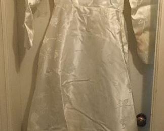Custom made 1961 wedding dress & veil. Floor length white satin with rose pattern, approx. 26" waist.