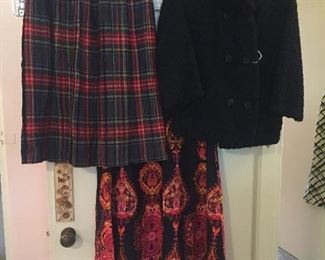 A few vintage clothes: plaid wood skirt, long paisley wrap skirt, black frisée jacket with fur collar
