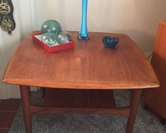 Mid century teak side table, made in Norway by Ganddal Mobelfabrikk (27.5" square, 20" high) + glass floats, blue stretch vase
