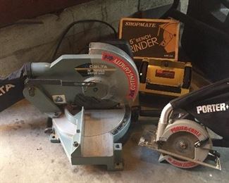 Power tools: Delta 10" power miter saw, Porter Cable Model 345 circular saw, Sears Shopmate 5" bench grinder with box