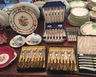 Spode Chinese Rose plate, Royal Copenhagen cups & saucers, flatware sets in presentation boxes