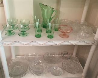Green & pink Depression glass, crystal & glass bowls & serving pieces