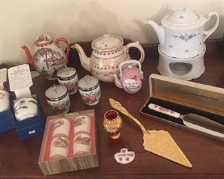 Royal Worcester egg coddlers, old Japanese teapot, vintage Bavarian & English teapots, cake servers