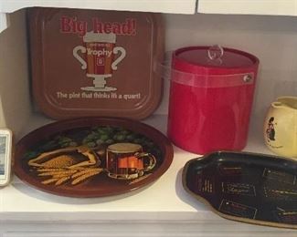 Pub trays, red patent leather ice bucket, Dewar's yellow pub jug