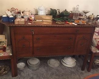 Vintage walnut sideboard / buffet - part of dining set. Note curved ends on top (66"L, 38.5"H, 21.5"D)