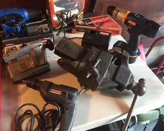Craftsman sander & 3/8" drill, old Reed No. 104 vise, Ryobi P200 cordless drill-driver + battery charger