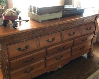 Beautiful pine side board/chest of drawers/server with whitewash highlighting of carvings. 