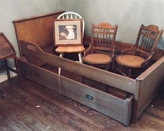 Vintage Trundle Bed;
Amish Child Wall Print; Antique Wood Oak Cane Seat Chairs; Painted Wood Dining Chair