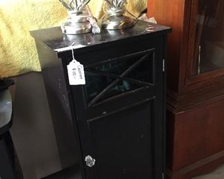 Pair of Metal Lamps and Black Shabby Cabinet