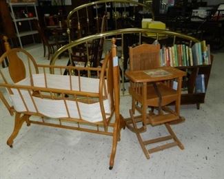 Cradle, child's rocker/high chair, bookcase