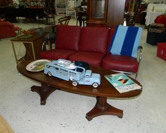 Coffee table, Aluminum/vinyl sofa, Buddy L hauler truck