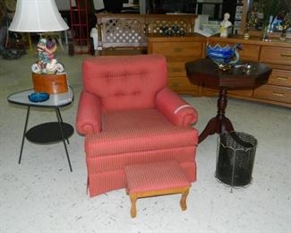 Side tables, lamp, chair w/stool, retro wastebasket