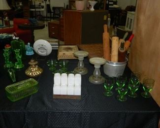 Green depression/vaseline glass items, kitchen items