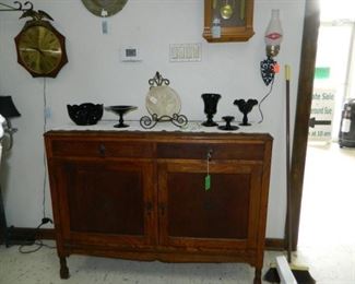Antique buffet, Black depression glass