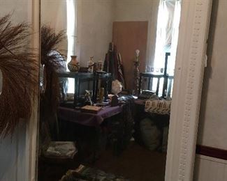 Antique large heavy beveled wall mirror painted white.