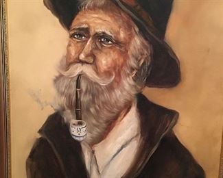 Painting of Gray hair man with beard smoking pipe