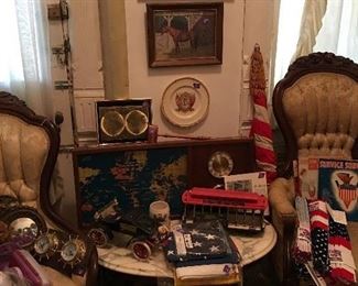 Victorian Parlor chair on left with all kinds of cool vintage finds