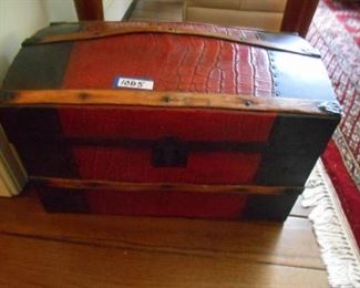 Small roll top leather and oak trunk