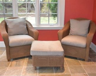 Pair of wicker chairs and matching ottoman