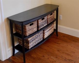 Console table with woven storage baskets