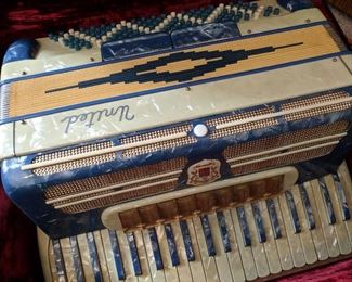 Italian Marotta United - Full Sized, Piano Accordion - Blue & Ivory Pearloid case, hard carrying case with velvet lining