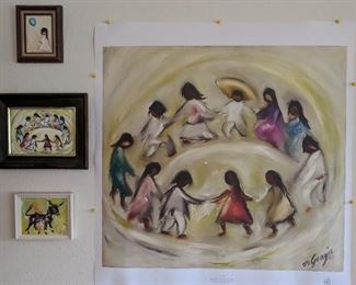 Ettore "ted" DeGrazia - rendition paintings and one print. Los Ninos, Wandering Burro, Girl With Balloon.