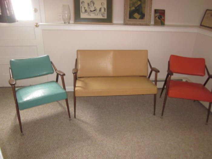 Mid-Century Modern Viko Baumritter Vinyl Love Seat with Pair Retro Arm Accent Chairs