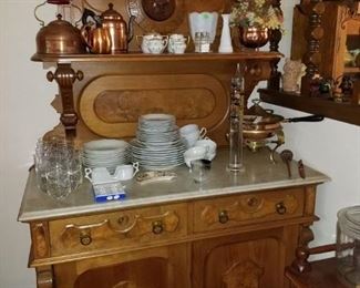 Very ornate antique burled wood server w/ marble top