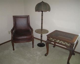CHAIR, FLOOR LAMP, AND END TABLE
