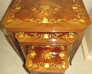 Set of 3 Vintage Italian Marquetry Nesting Coffee Side Tables. Smallest one with Music Box, Marked Italy 